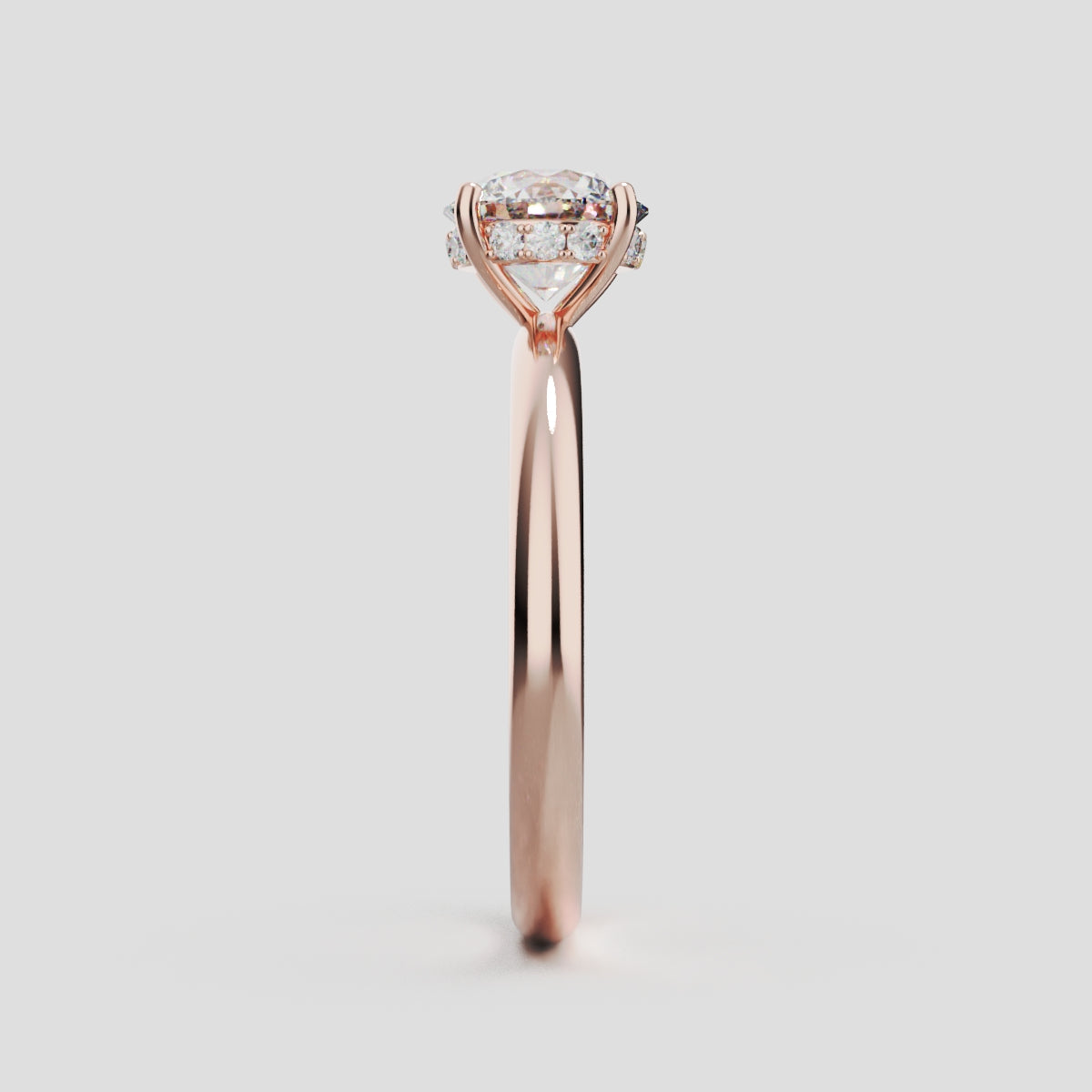 Costante, 1ct round lab grown diamond engagement ring, Plain Sides, Hidden Halo, 4 Prongs, Fixed Width, 18K rose gold - side view