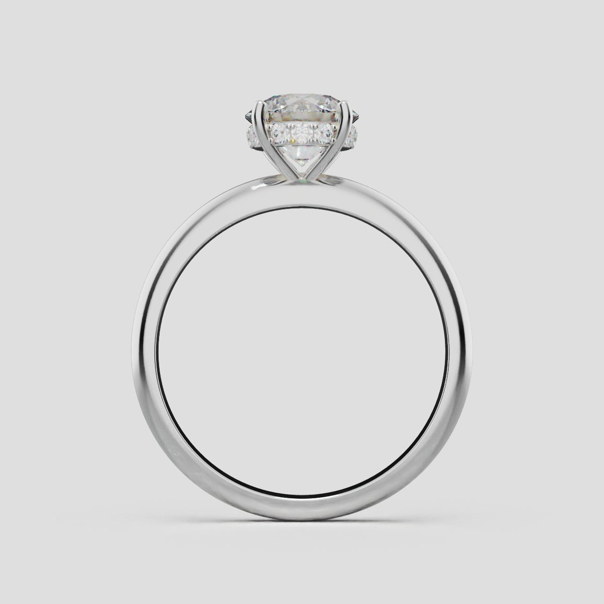 Costante, 1ct round lab grown diamond engagement ring, Plain Sides, Hidden Halo, 4 Prongs, Fixed Width, 18K white gold - through finger
