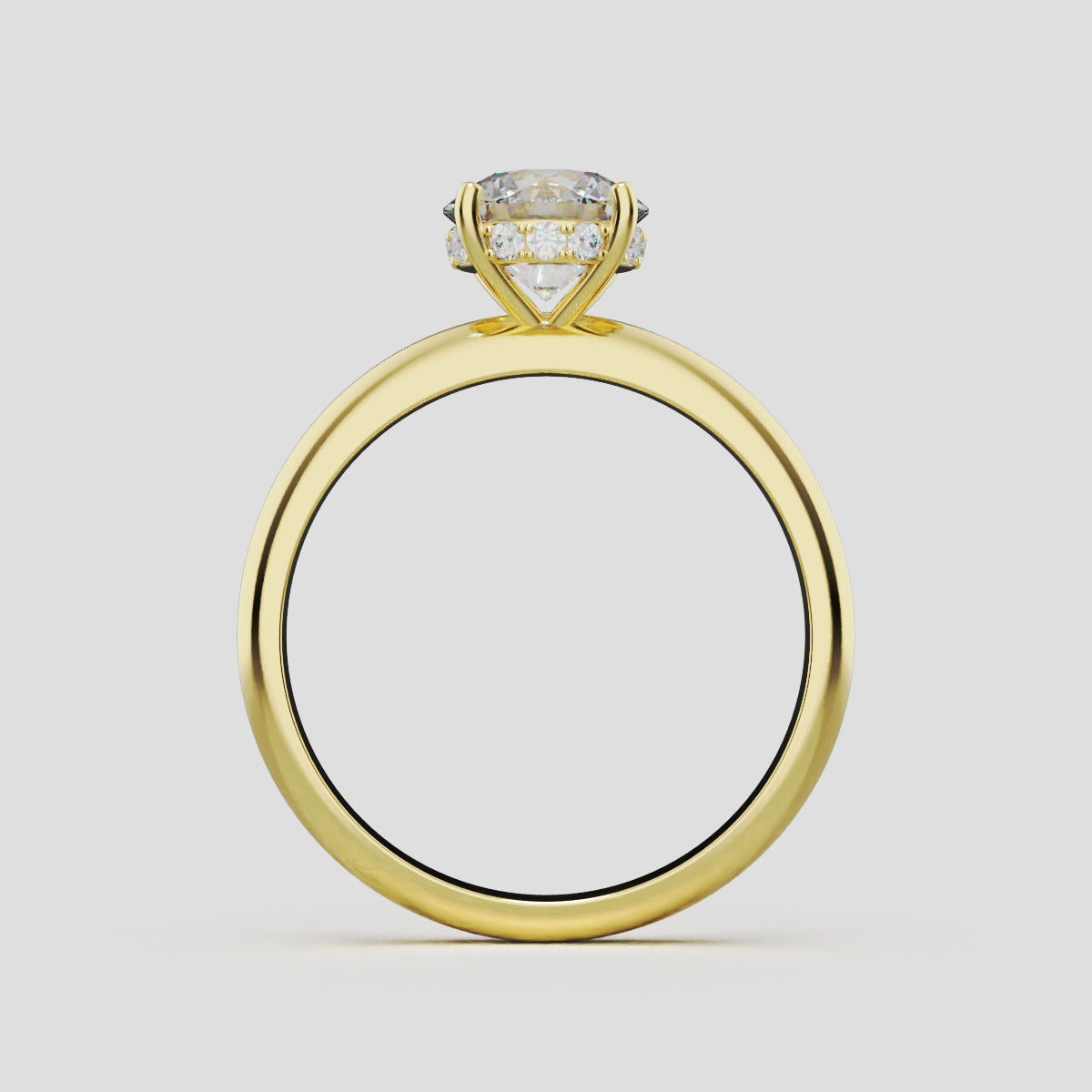 Costante, 1ct round lab grown diamond engagement ring, Plain Sides, Hidden Halo, 4 Prongs, Fixed Width, 18K yellow gold - through finger
