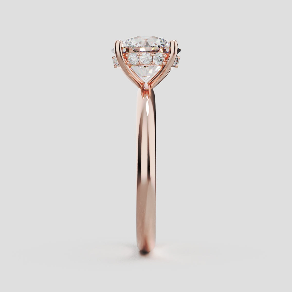 Costante, 2ct round lab grown diamond engagement ring, Plain Sides, Hidden Halo, 4 Prongs, Fixed Width, 18K rose gold - side view