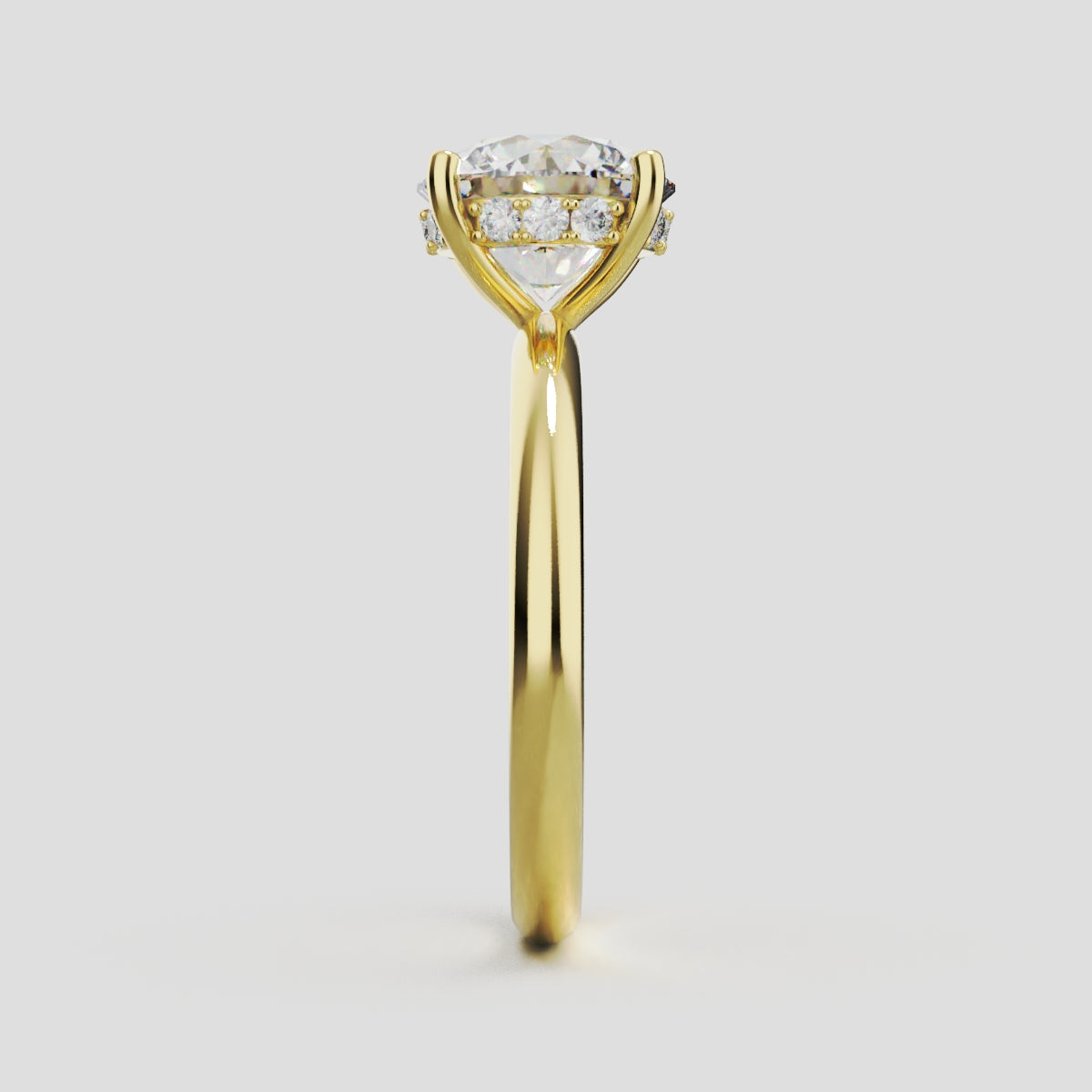 Costante, 2ct round lab grown diamond engagement ring, Plain Sides, Hidden Halo, 4 Prongs, Fixed Width, 18K yellow gold - side view