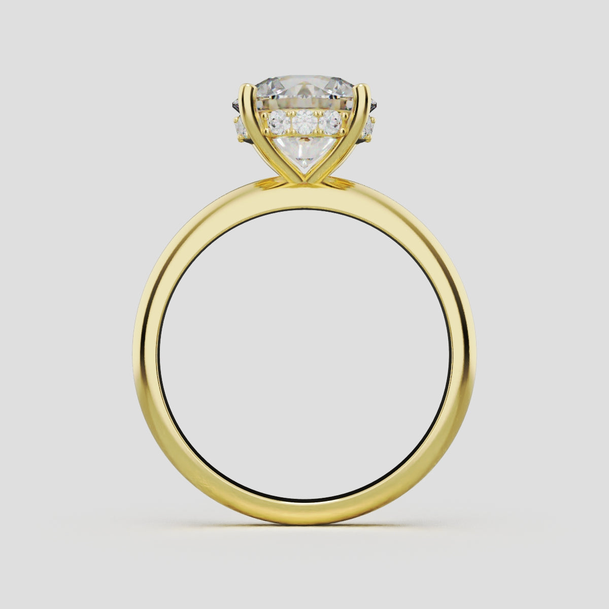 Costante, 2ct round lab grown diamond engagement ring, Plain Sides, Hidden Halo, 4 Prongs, Fixed Width, 18K yellow gold - through finger