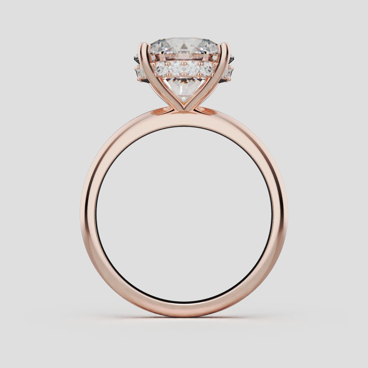 Costante, 3ct round lab grown diamond engagement ring, Plain Sides, Hidden Halo, 4 Prongs, Fixed Width, 18K rose gold - through finger