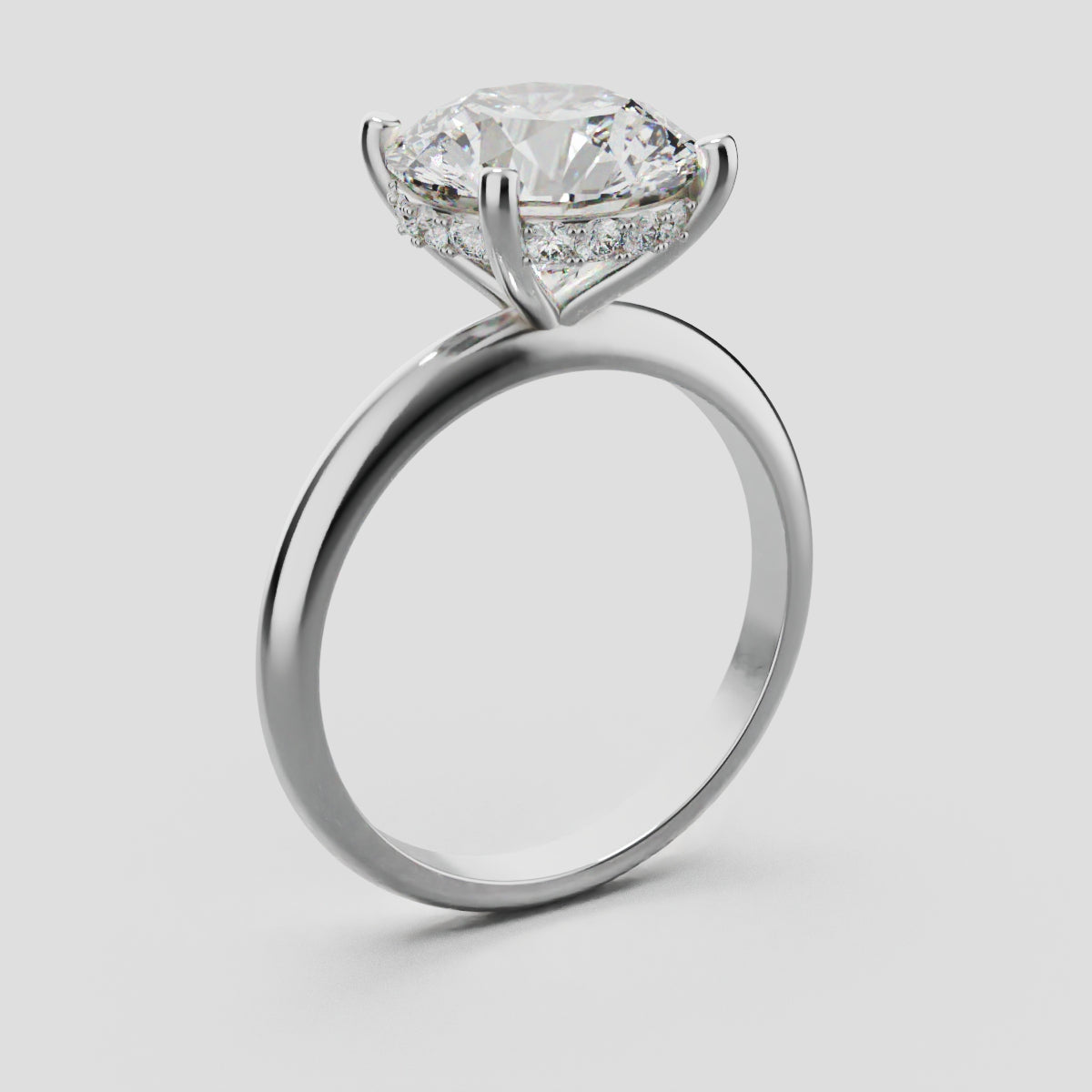 Costante, 3ct round lab grown diamond engagement ring, Plain Sides, Hidden Halo, 4 Prongs, Fixed Width, 18K white gold - ne