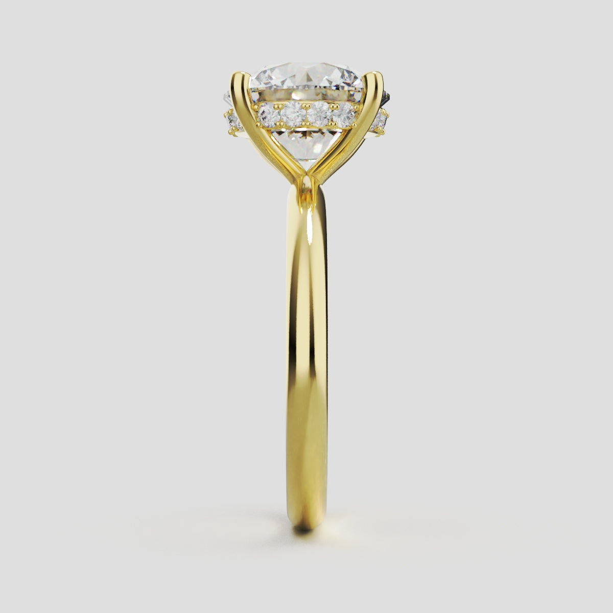 Costante, 3ct round lab grown diamond engagement ring, Plain Sides, Hidden Halo, 4 Prongs, Fixed Width, 18K yellow gold - side view