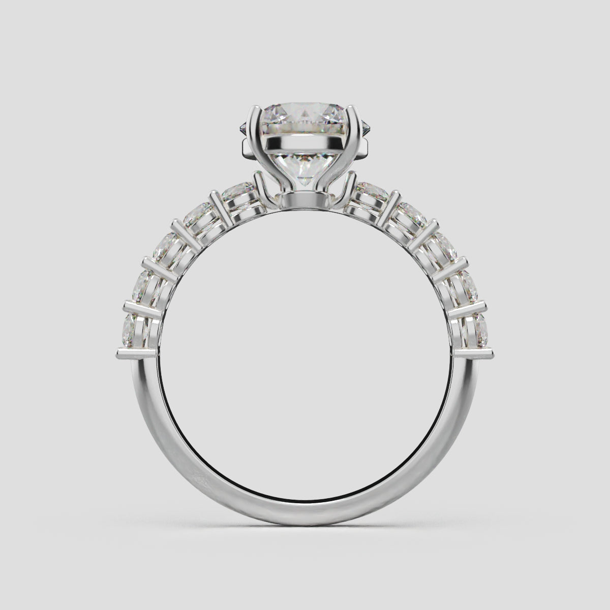 Sentiero, 1.5ct round lab grown diamond engagement ring, 2.5mm Side Stones, 18K white gold - through finger