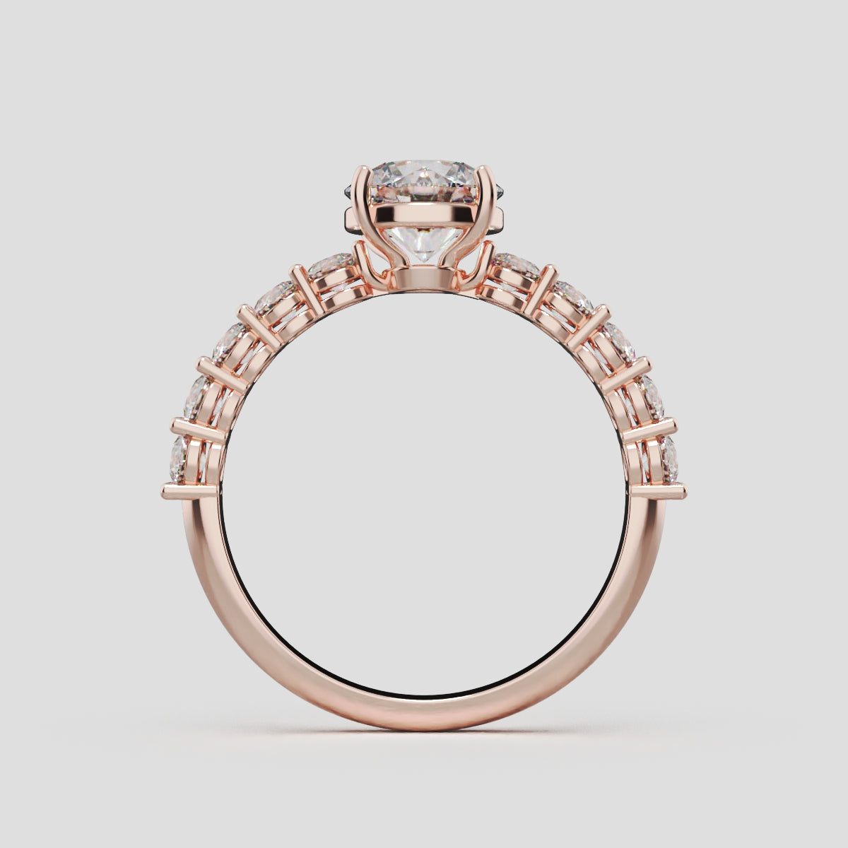 Sentiero, 1ct round lab grown diamond engagement ring, 2.5mm Side Stones, 18K rose gold - through finger