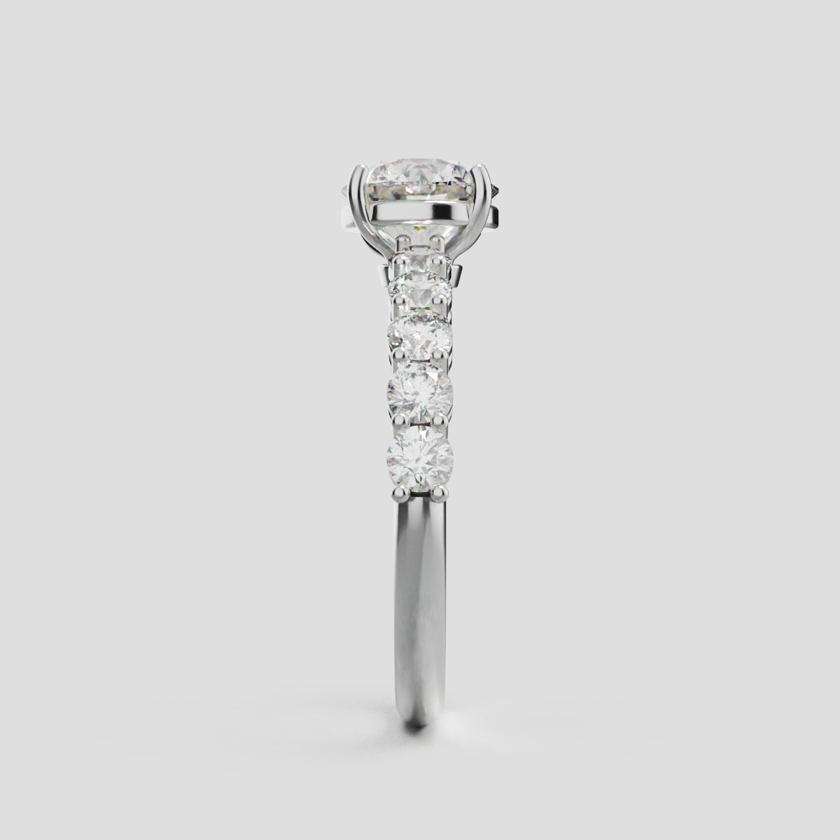 Sentiero, 1ct round lab grown diamond engagement ring, 2.5mm Side Stones, 18K white gold - side view
