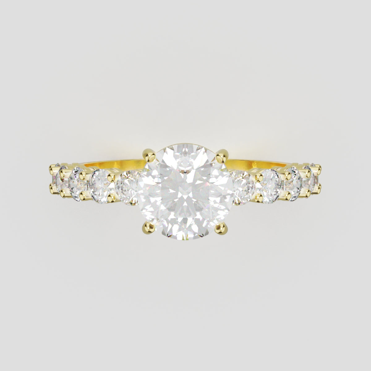 Sentiero, 1ct round lab grown diamond engagement ring, 2.5mm Side Stones, 18K yellow gold - front view