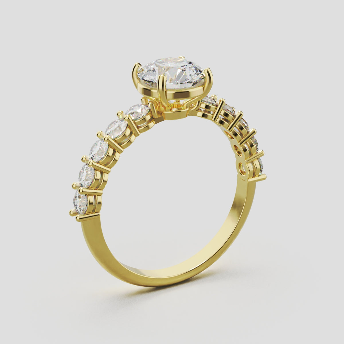 Sentiero, 1ct round lab grown diamond engagement ring, 2.5mm Side Stones, 18K yellow gold - ne