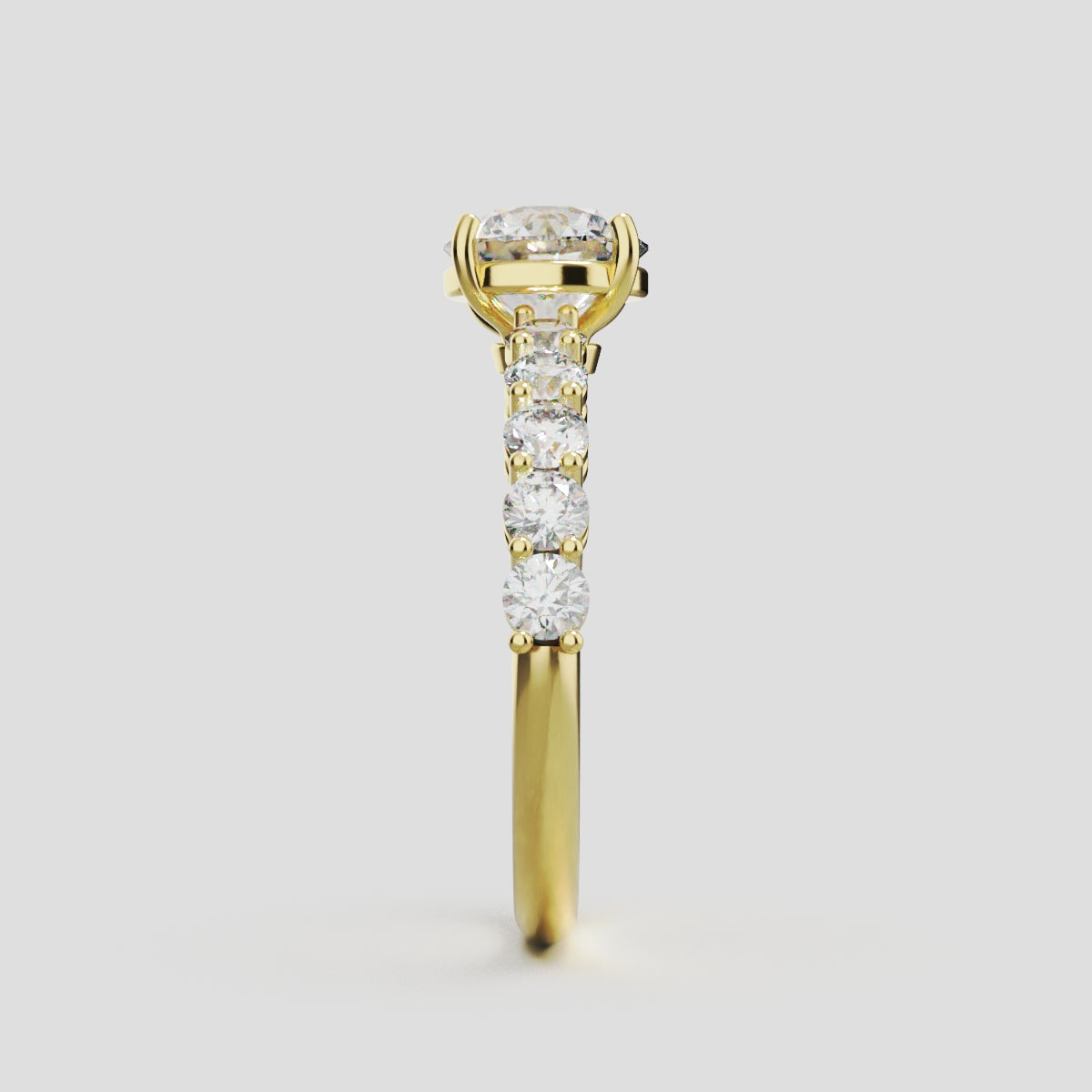 Sentiero, 1ct round lab grown diamond engagement ring, 2.5mm Side Stones, 18K yellow gold - side view