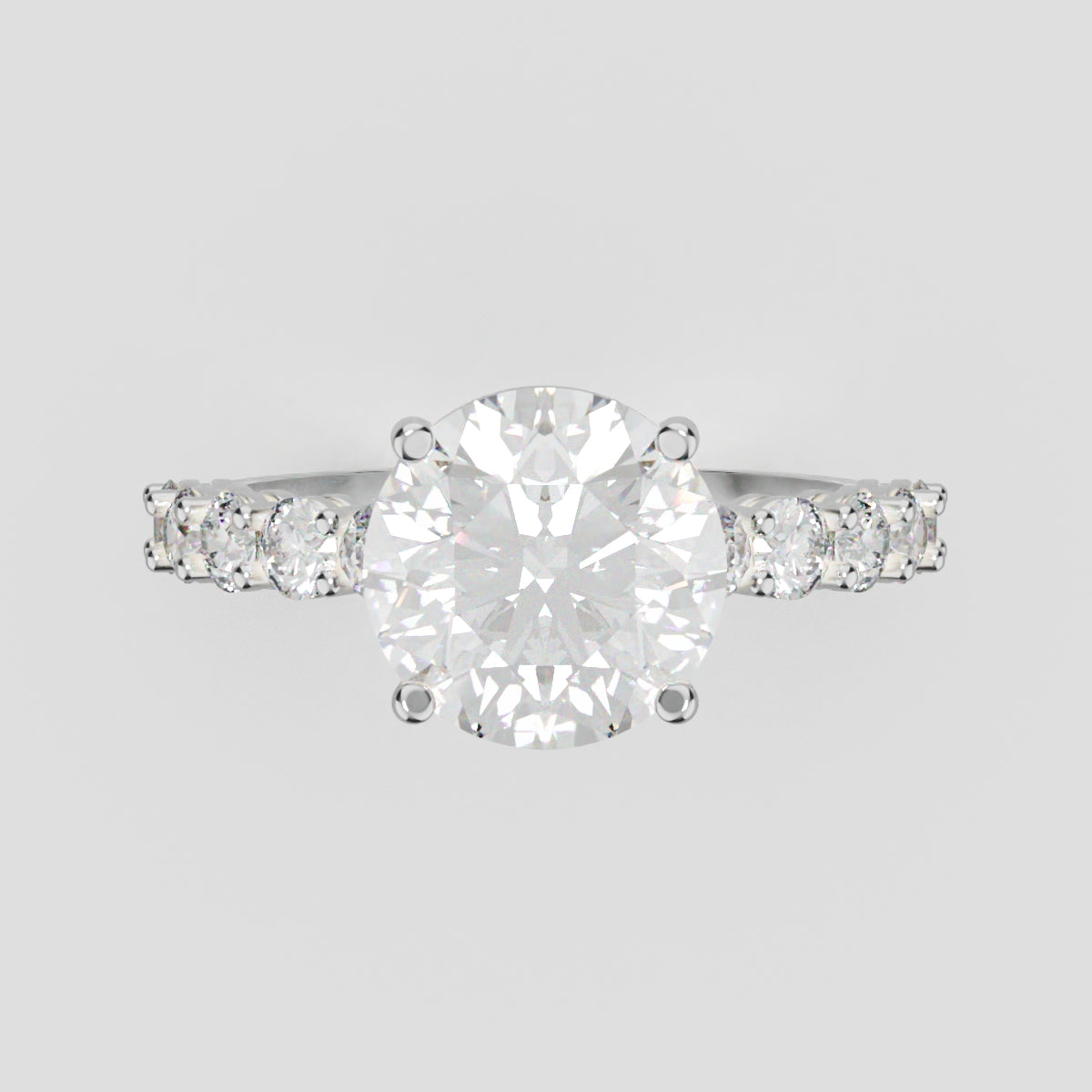 Sentiero, 2ct round lab grown diamond engagement ring, 2.5mm Side Stones, 18K white gold - front view