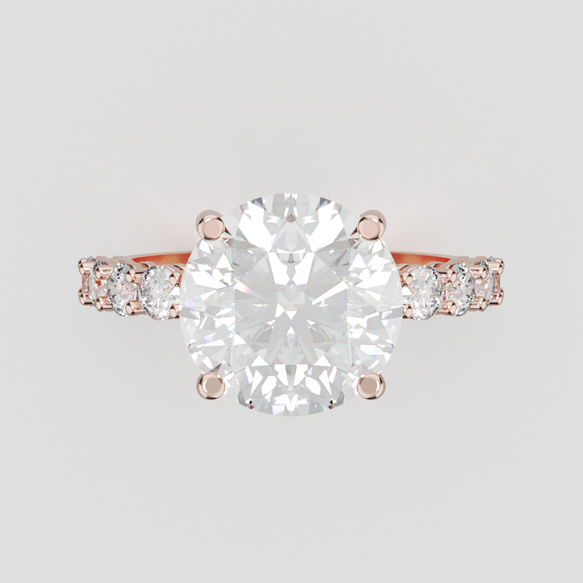 Sentiero, 3ct round lab grown diamond engagement ring, 2.5mm Side Stones, 18K rose gold - front view