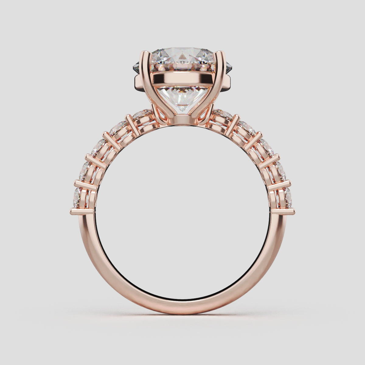 Sentiero, 3ct round lab grown diamond engagement ring, 2.5mm Side Stones, 18K rose gold - through finger
