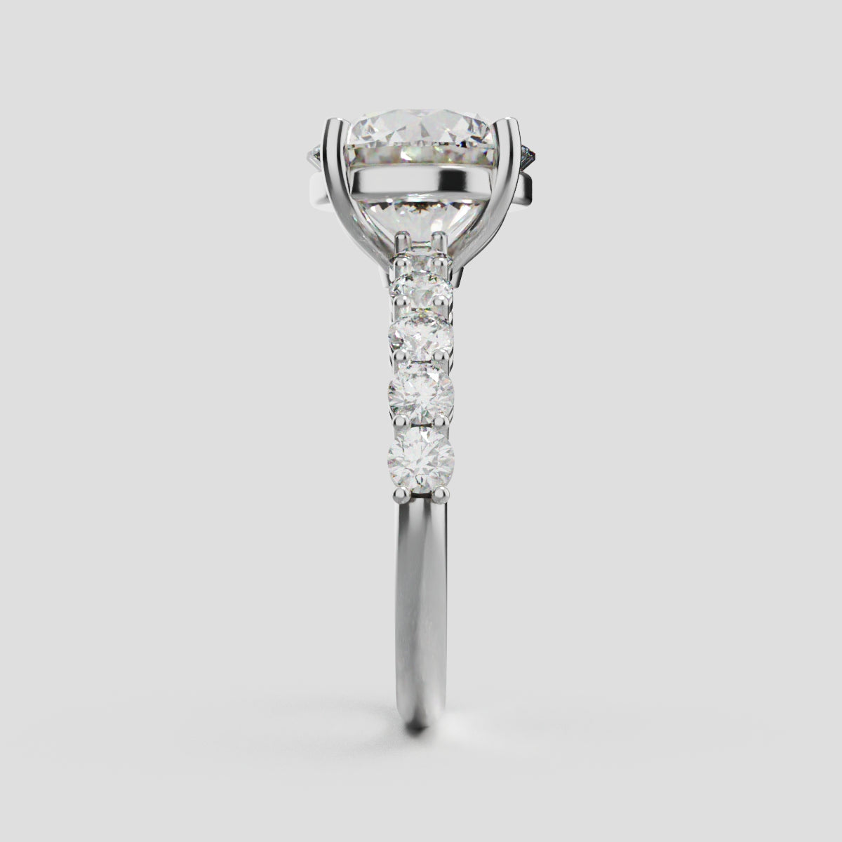 Sentiero, 3ct round lab grown diamond engagement ring, 2.5mm Side Stones, 18K white gold - side view