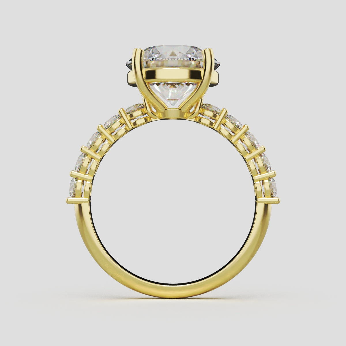 Sentiero, 3ct round lab grown diamond engagement ring, 2.5mm Side Stones, 18K yellow gold - through finger