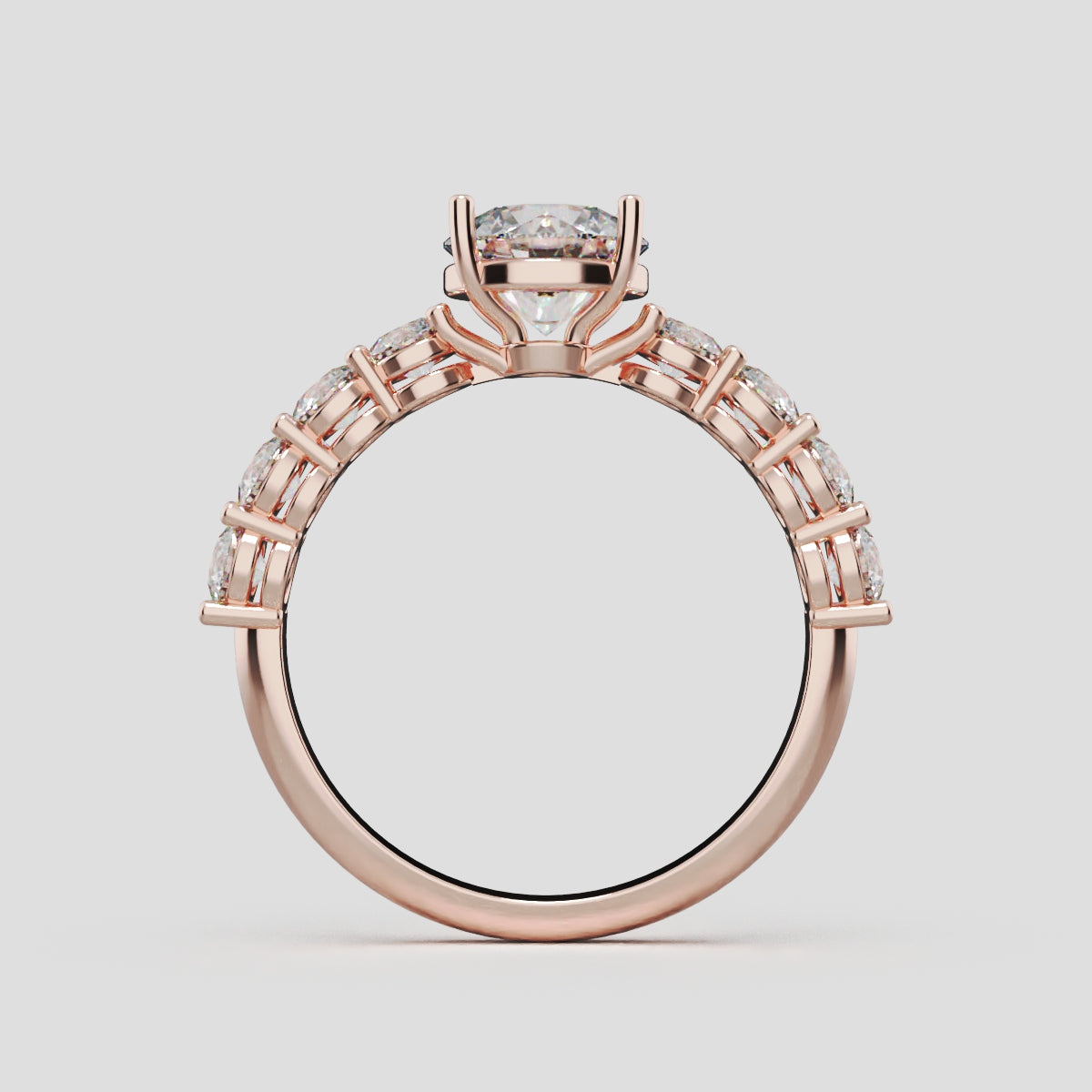 Corso, 3ct round lab grown diamond engagement ring, 3.5mm Side Stones, 18K rose gold - through finger