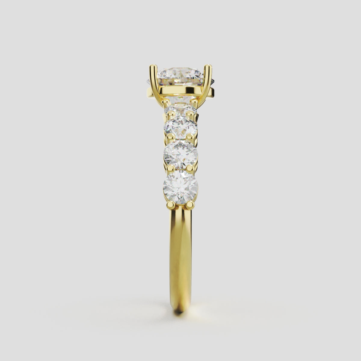 Corso, 3ct round lab grown diamond engagement ring, 3.5mm Side Stones, 18K yellow gold - side view