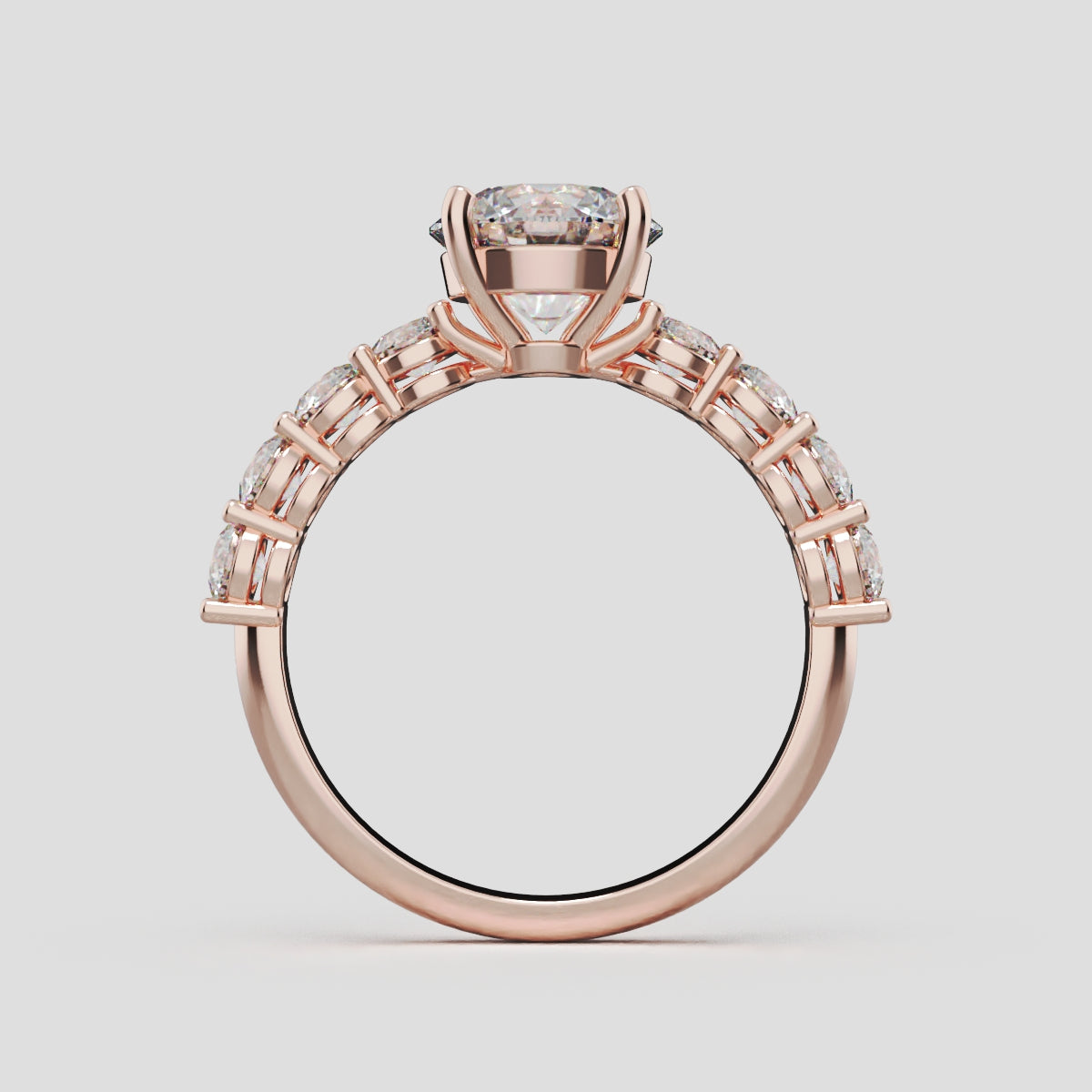 Viale, 1.5ct round lab grown diamond engagement ring, 3mm Side Stones, 18K rose gold - through finger