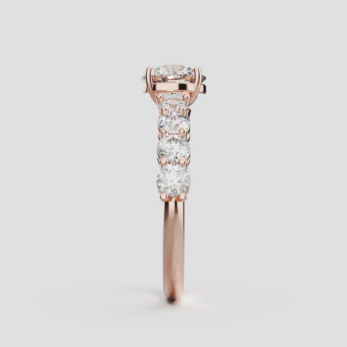 Viale, 1ct round lab grown diamond engagement ring, 3mm Side Stones, 18K rose gold - side view