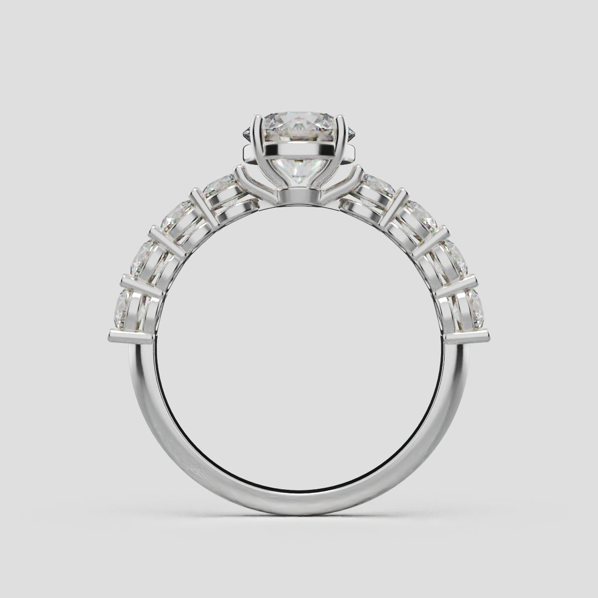 Viale, 1ct round lab grown diamond engagement ring, 3mm Side Stones, 18K white gold - through finger
