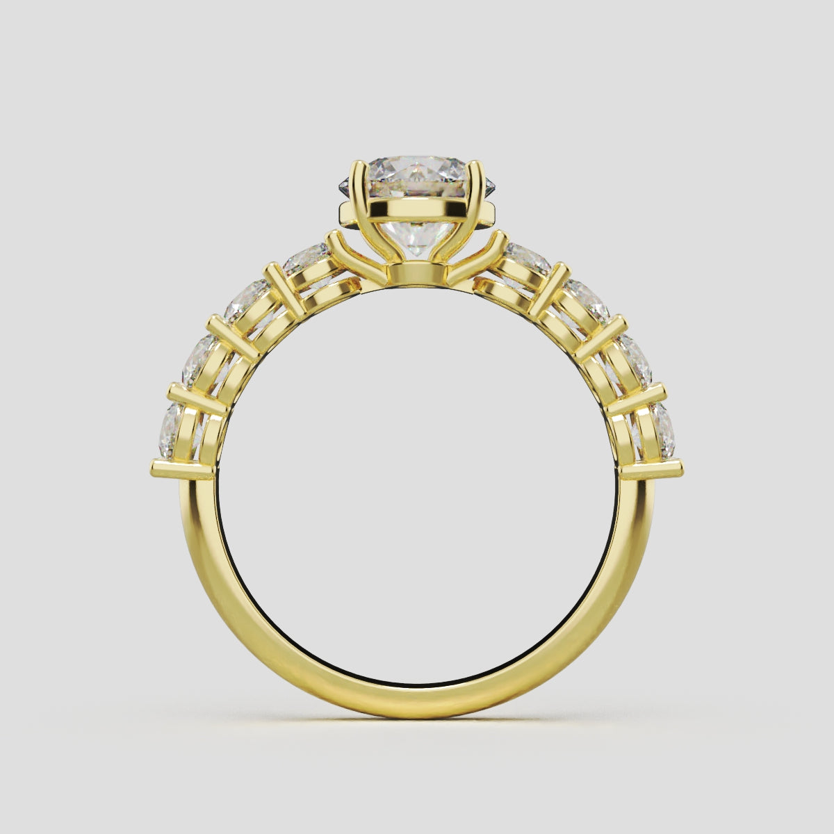 Viale, 1ct round lab grown diamond engagement ring, 3mm Side Stones, 18K yellow gold - through finger