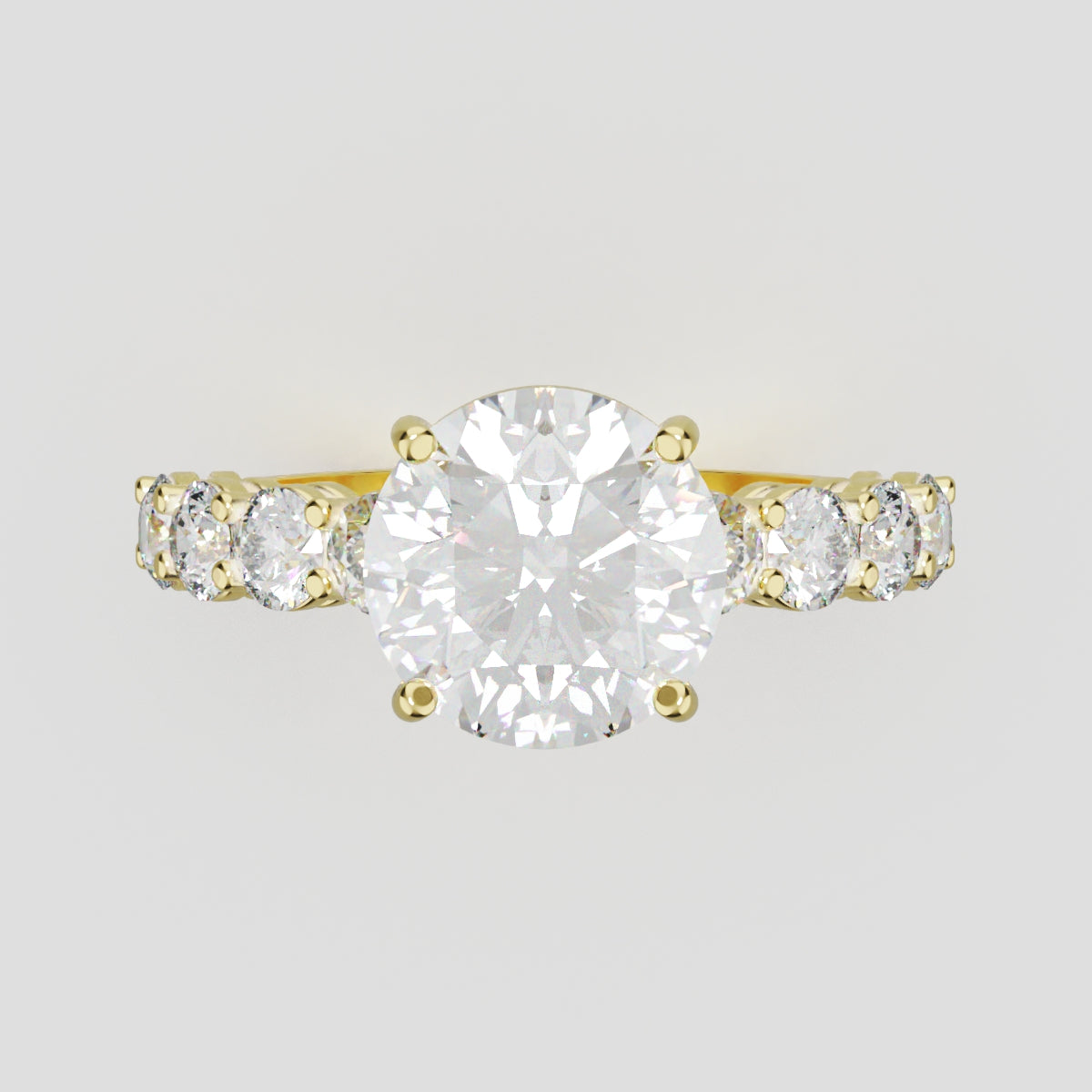 Viale, 2ct round lab grown diamond engagement ring, 3mm Side Stones, 18K yellow gold - front view