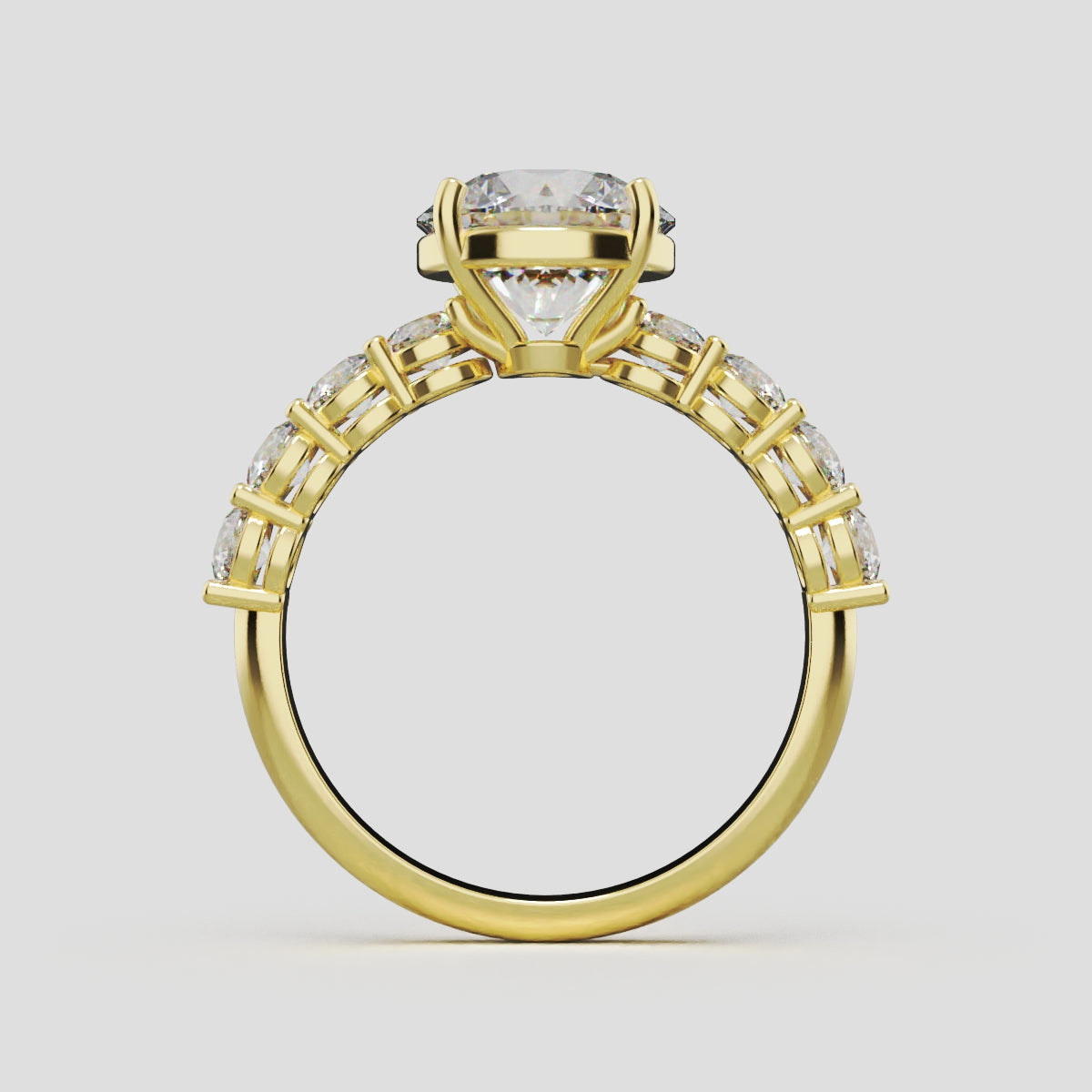 Viale, 2ct round lab grown diamond engagement ring, 3mm Side Stones, 18K yellow gold - through finger
