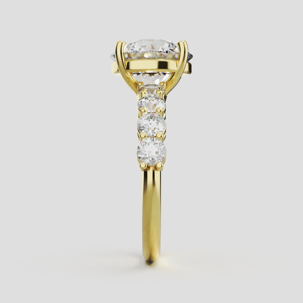 Viale, 3ct round lab grown diamond engagement ring, 3mm Side Stones, 18K yellow gold - side view