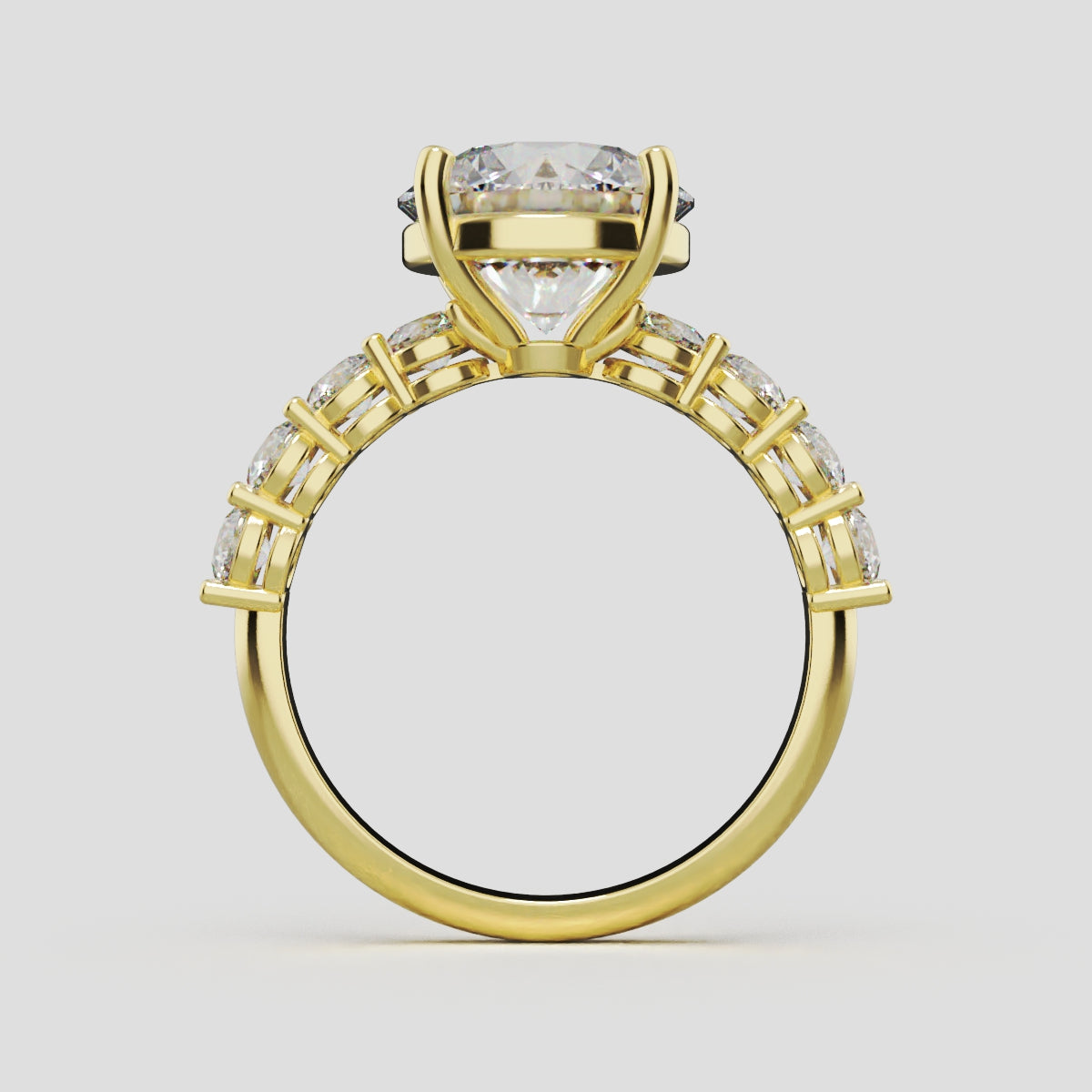 Viale, 3ct round lab grown diamond engagement ring, 3mm Side Stones, 18K yellow gold - through finger