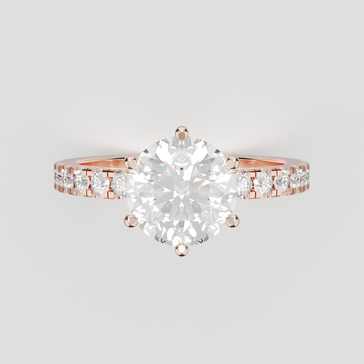 Rugiada, 1.5ct round lab grown diamond engagement ring, 1.8mm Pave, 6 Prongs, 18K rose gold - front view