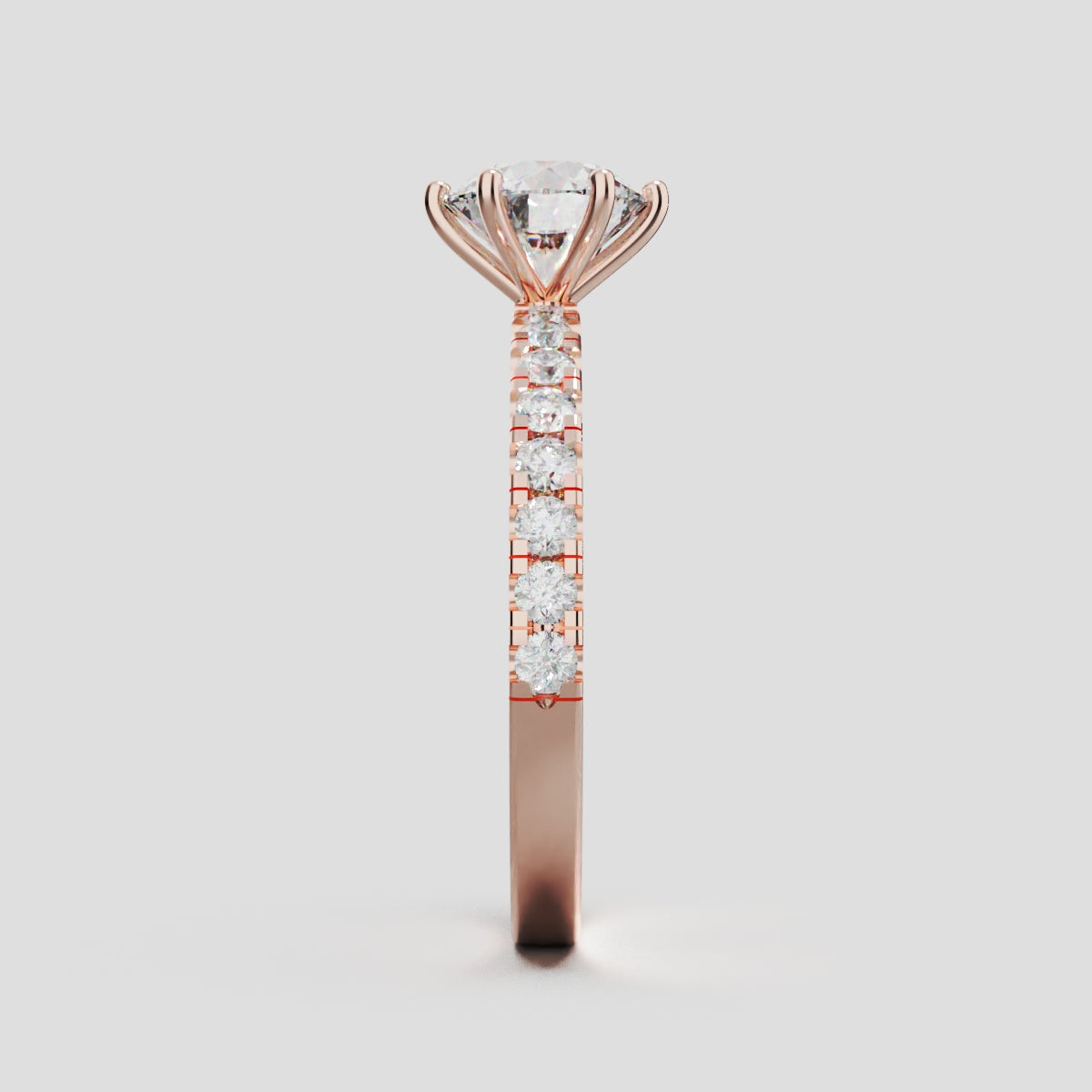 Rugiada, 1ct round lab grown diamond engagement ring, 1.8mm Pave, 6 Prongs, 18K rose gold - side view