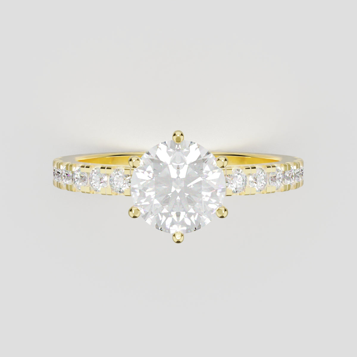Rugiada, 1ct round lab grown diamond engagement ring, 1.8mm Pave, 6 Prongs, 18K yellow gold - front view