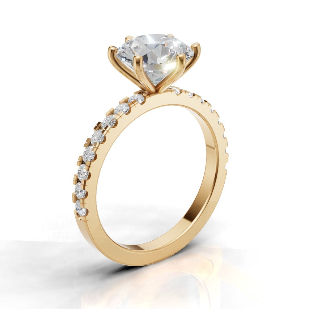Rugiada, 2ct round lab grown diamond engagement ring, 1.8mm Pave, 6 Prongs, 18K yellow gold - ne