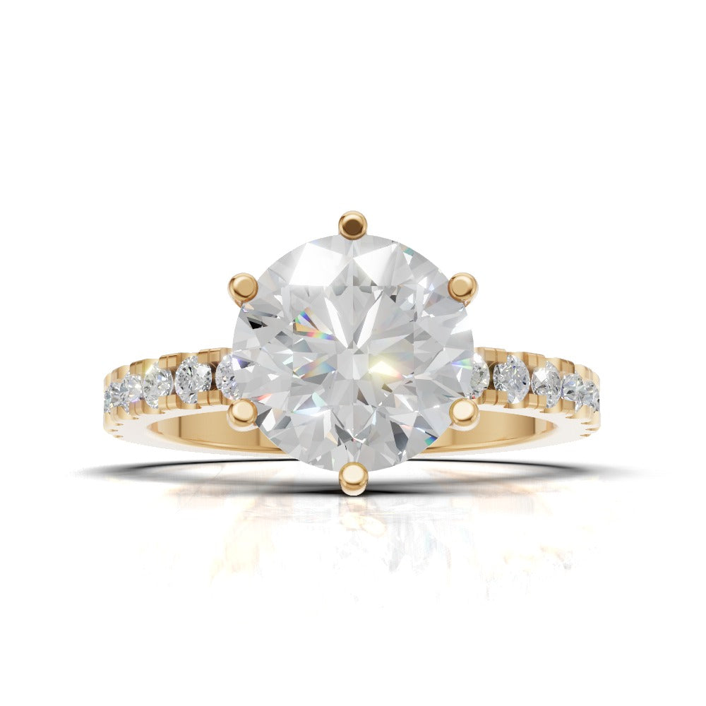 Rugiada, 2ct round lab grown diamond engagement ring, 1.8mm Pave, 6 Prongs, 18K yellow gold - view 4