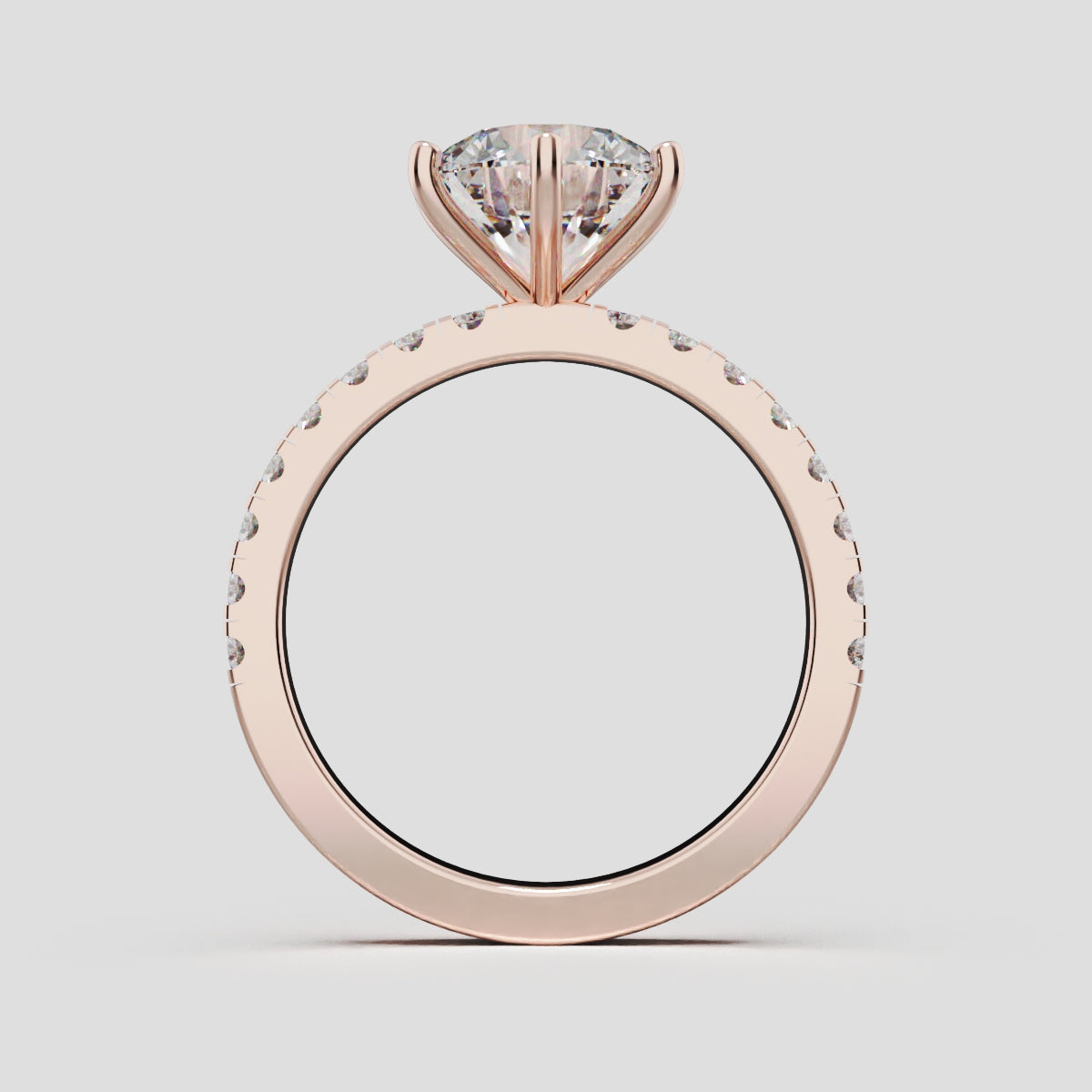 Rugiada, 2ct round lab grown diamond engagement ring, 1.8mm Pave, 6 Prongs, 18K rose gold - through finger