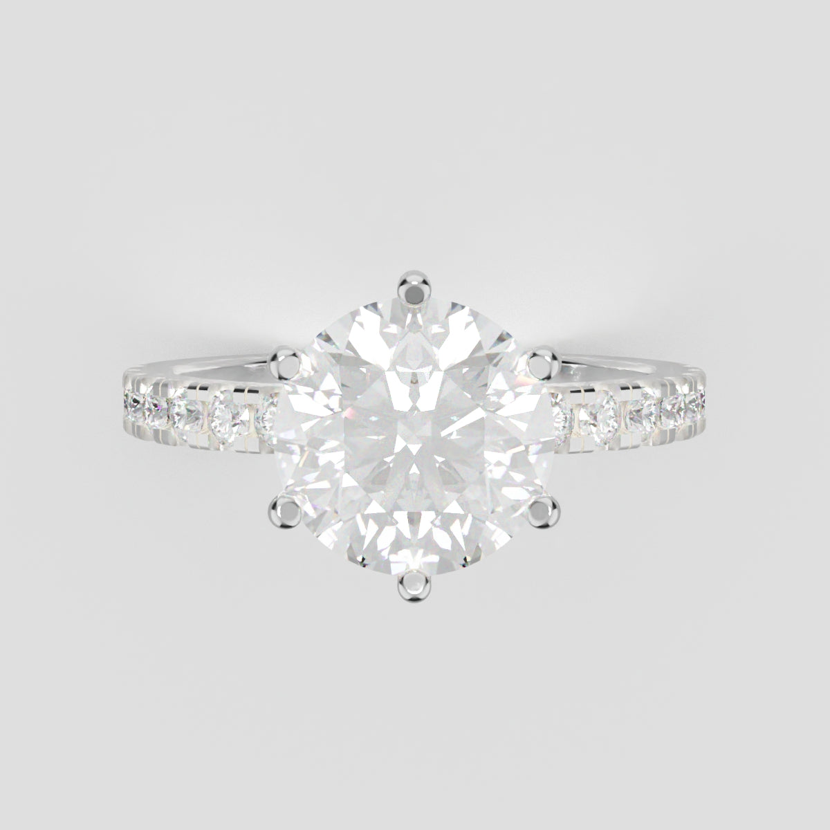 Rugiada, 2ct round lab grown diamond engagement ring, 1.8mm Pave, 6 Prongs, 18K white gold - front view