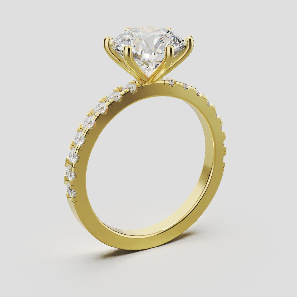 Rugiada, 2ct round lab grown diamond engagement ring, 1.8mm Pave, 6 Prongs, 18K yellow gold - ne