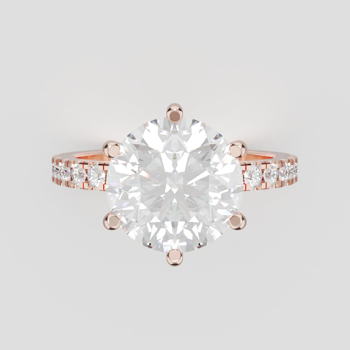 Rugiada, 3ct round lab grown diamond engagement ring, 1.8mm Pave, 6 Prongs, 18K rose gold - front view