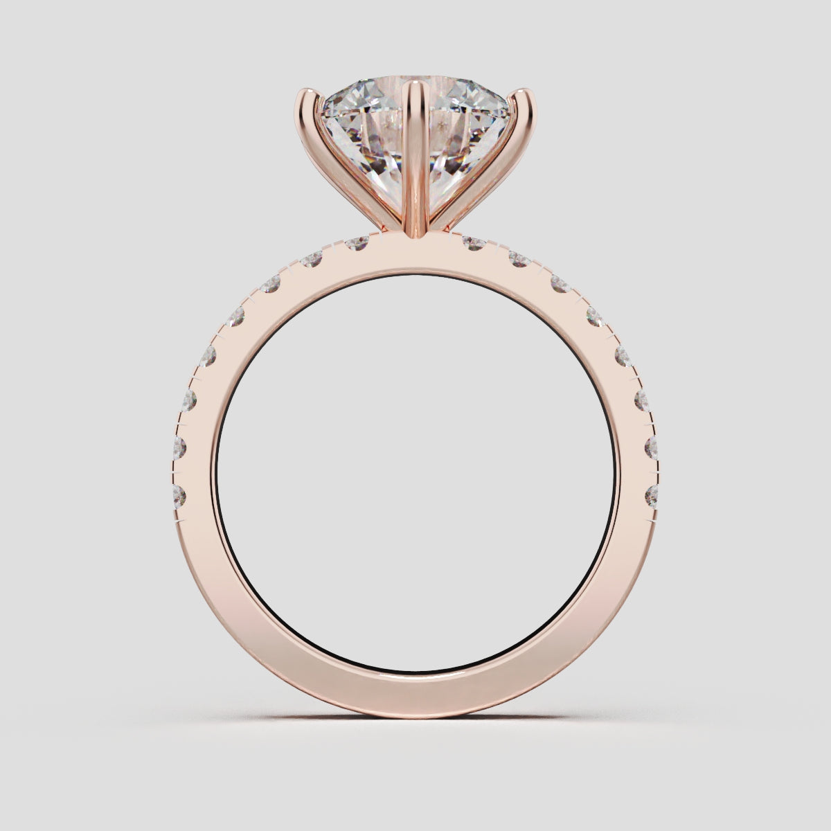 Rugiada, 3ct round lab grown diamond engagement ring, 1.8mm Pave, 6 Prongs, 18K rose gold - through finger