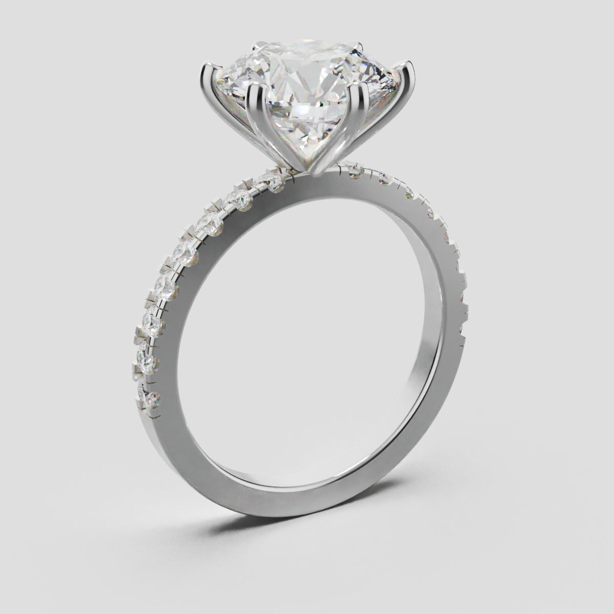 Rugiada, 3ct round lab grown diamond engagement ring, 1.8mm Pave, 6 Prongs, 18K white gold - ne