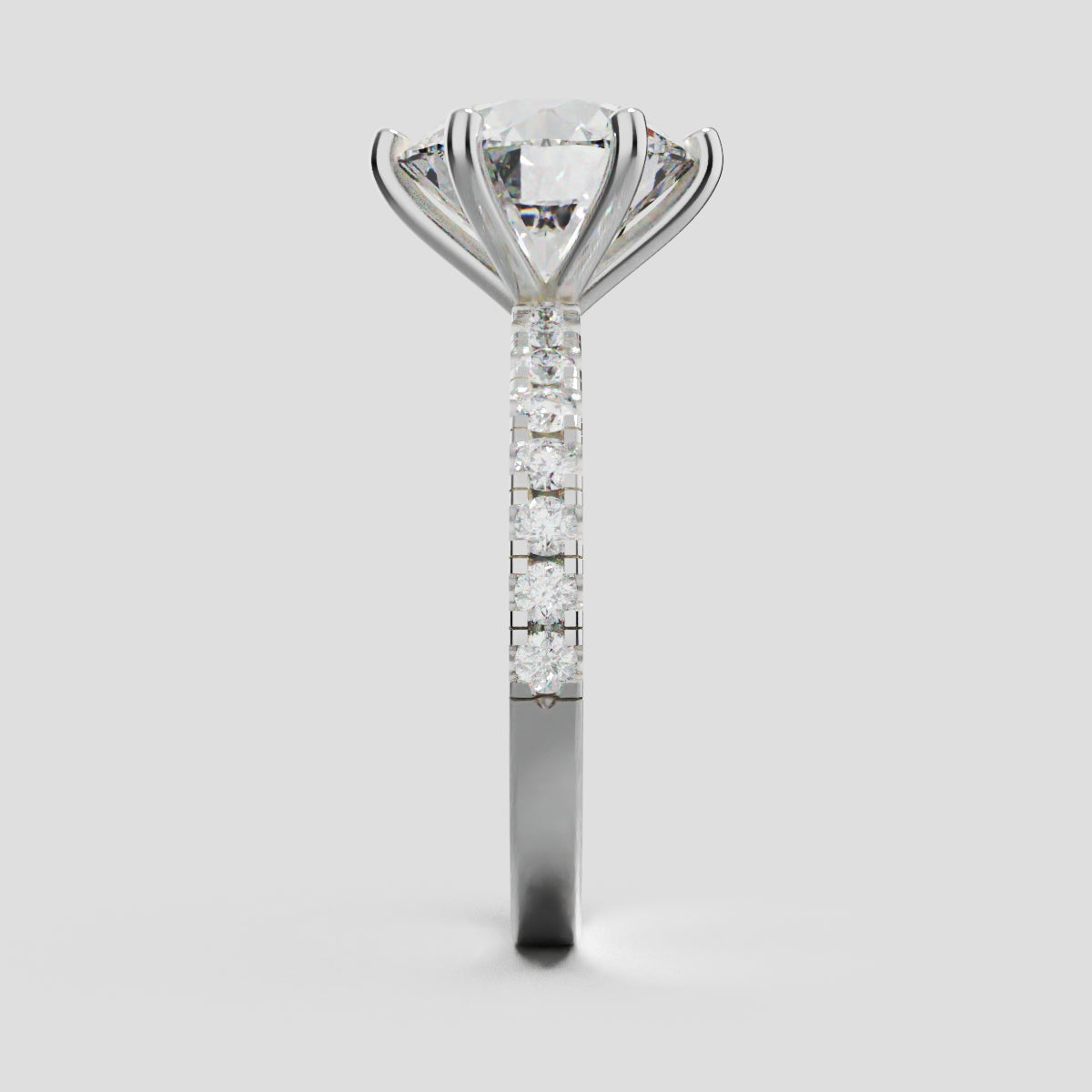 Rugiada, 3ct round lab grown diamond engagement ring, 1.8mm Pave, 6 Prongs, 18K white gold - side view