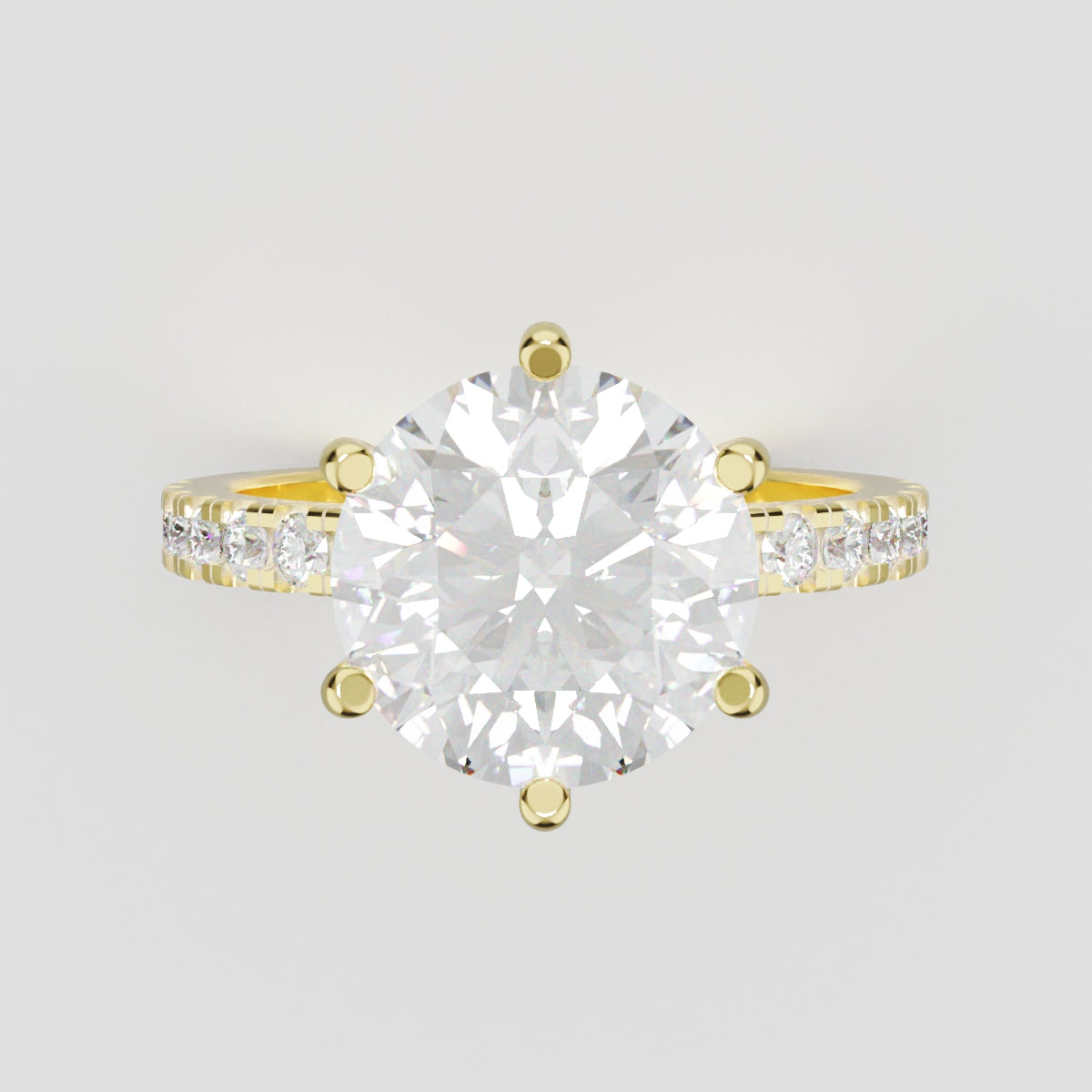 Rugiada, 3ct round lab grown diamond engagement ring, 1.8mm Pave, 6 Prongs, 18K yellow gold - front view