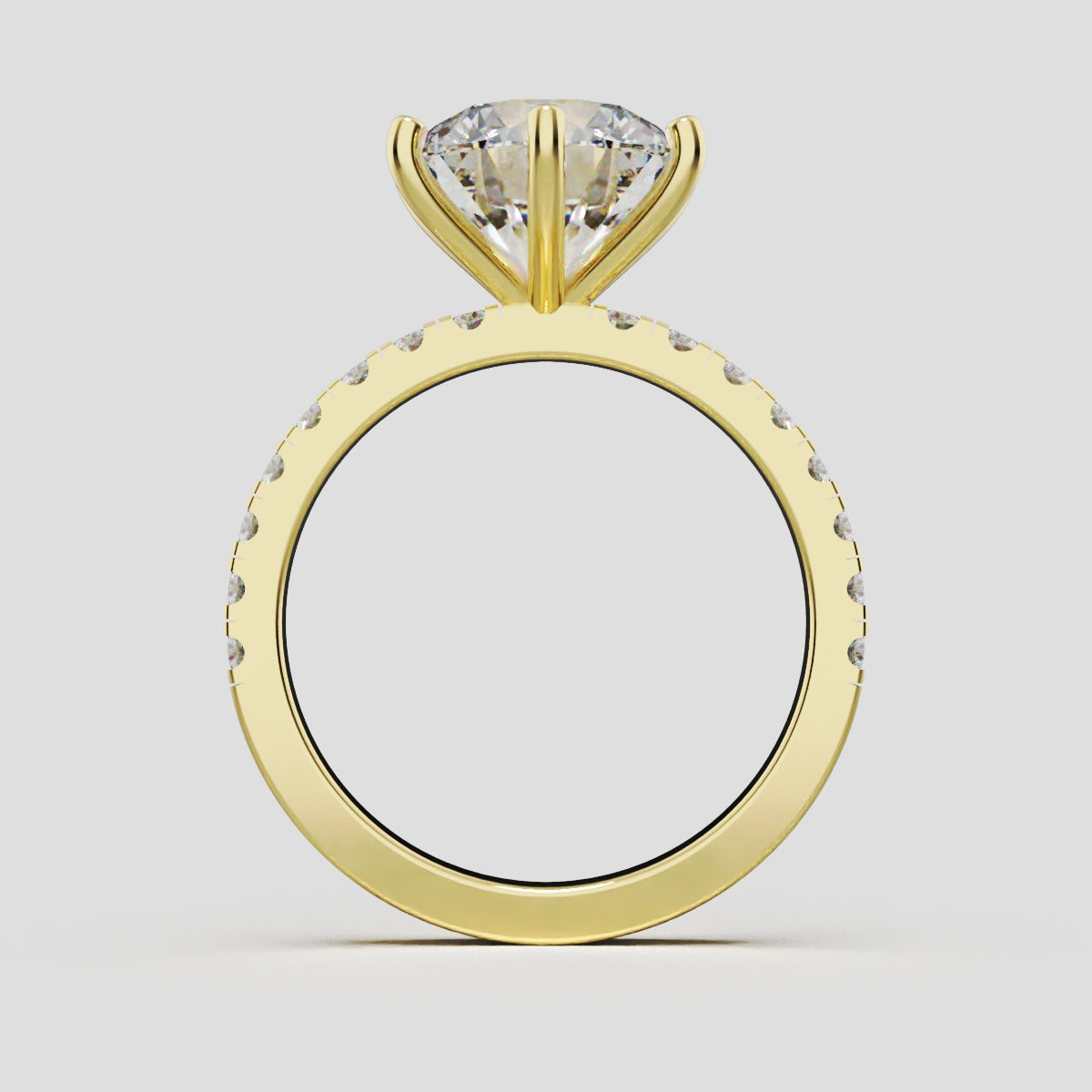 Rugiada, 3ct round lab grown diamond engagement ring, 1.8mm Pave, 6 Prongs, 18K yellow gold - through finger