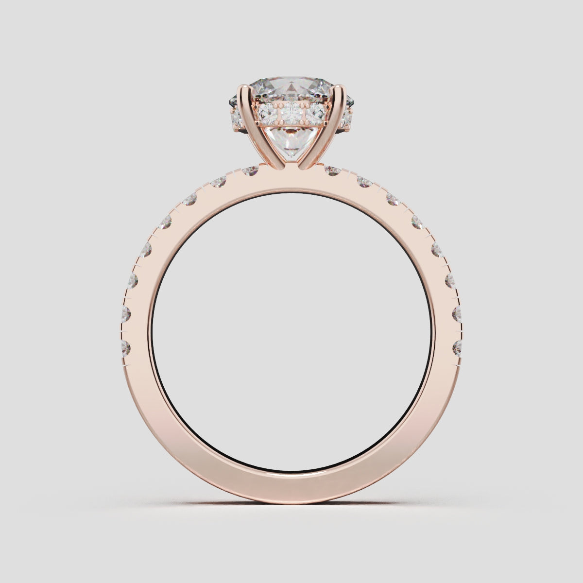 Brina, 1.5ct round lab grown diamond engagement ring, 1.8mm Pave, Hidden Halo, 4 Prongs, 18K rose gold - through finger