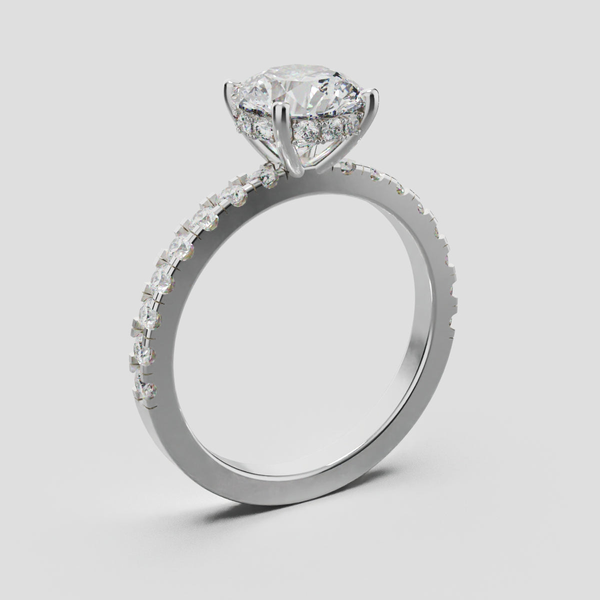 Brina, 1.5ct round lab grown diamond engagement ring, 1.8mm Pave, Hidden Halo, 4 Prongs, 18K white gold - ne