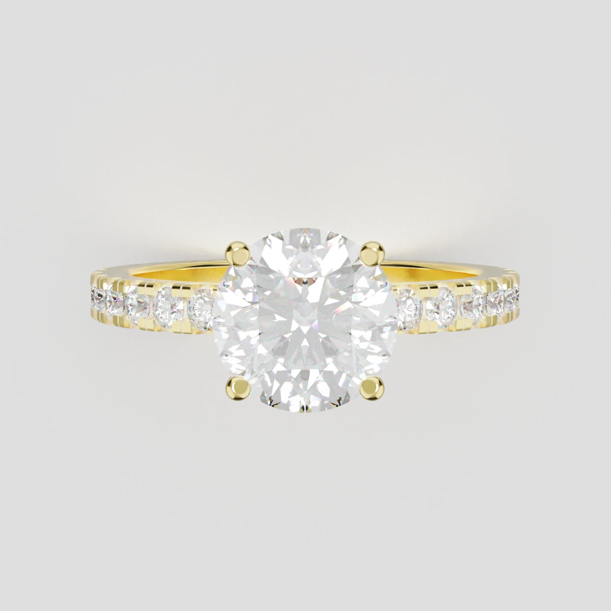 Brina, 1.5ct round lab grown diamond engagement ring, 1.8mm Pave, Hidden Halo, 4 Prongs, 18K yellow gold - front view