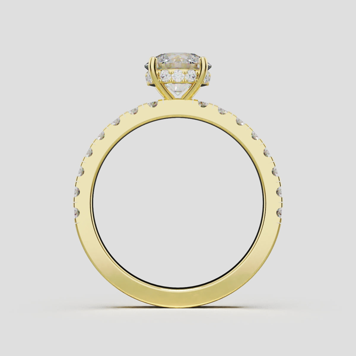 Brina, 1ct round lab grown diamond engagement ring, 1.8mm Pave, Hidden Halo, 4 Prongs, 18K yellow gold - through finger