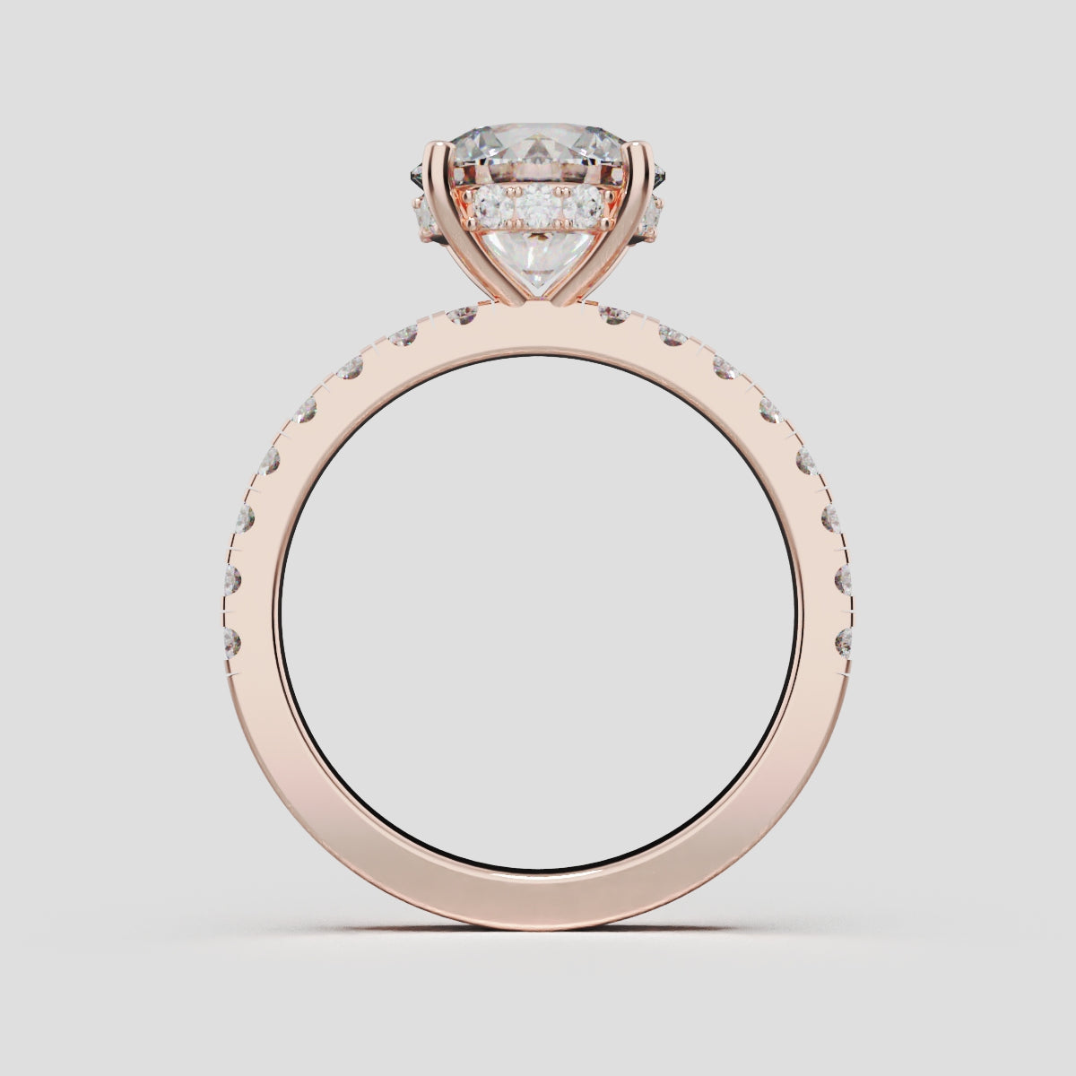 Brina, 2ct round lab grown diamond engagement ring, 1.8mm Pave, Hidden Halo, 4 Prongs, 18K rose gold - through finger