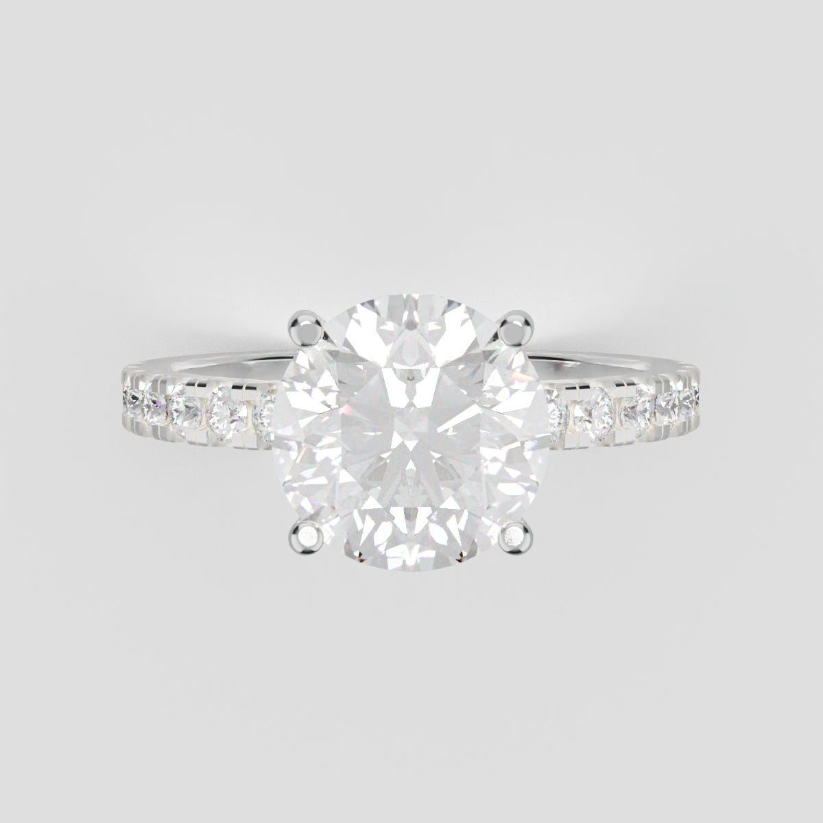 Brina, 2ct round lab grown diamond engagement ring, 1.8mm Pave, Hidden Halo, 4 Prongs, 18K white gold - front view